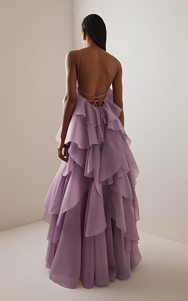 FJØRNA halter neck layered ruffle maxi dress for wedding guests, featuring a flowy silhouette and elegant design.