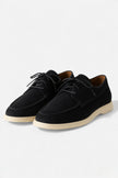 Men's FJØRNA suede boat loafers with moc toe and lace detail, stylish men's shoes featuring a smooth finish and comfortable fit.