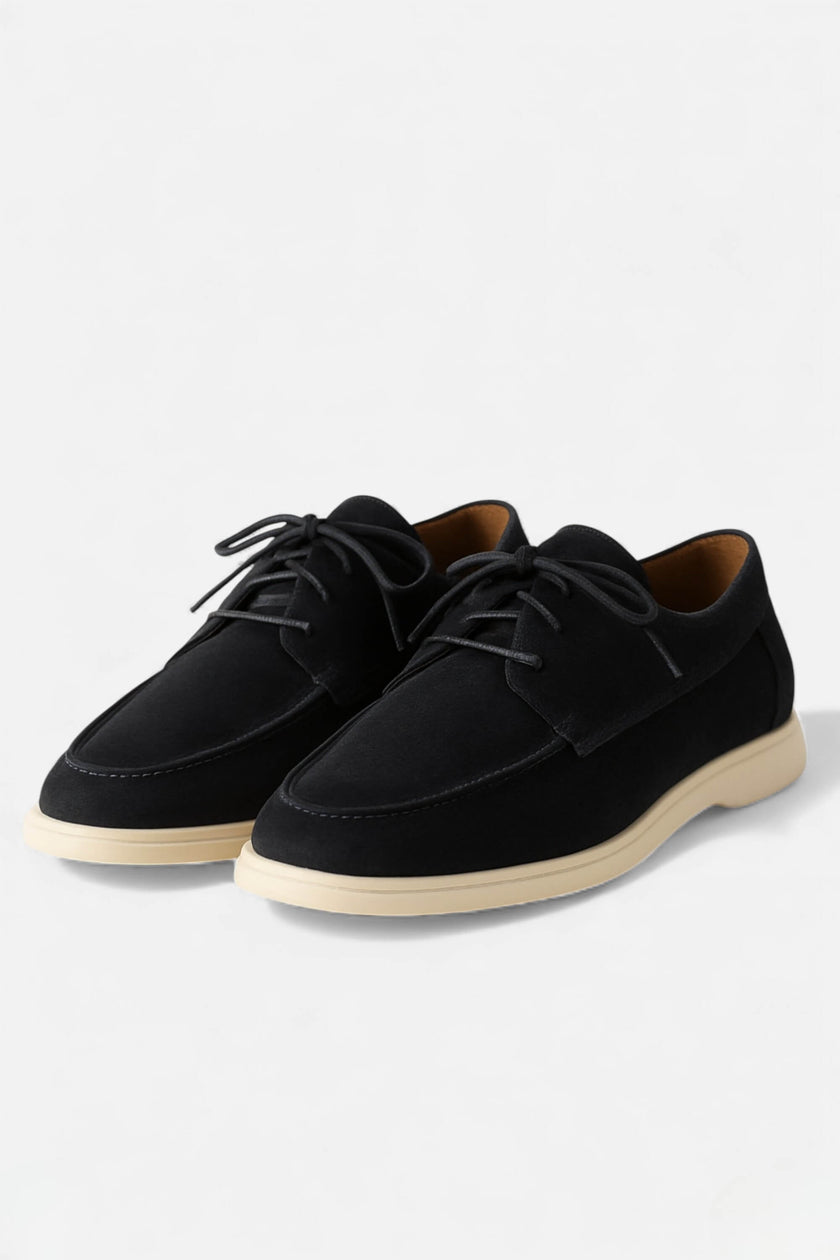 Men's FJØRNA suede boat loafers with moc toe and lace detail, stylish men's shoes featuring a smooth finish and comfortable fit.