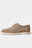 FJØRNA men's suede loafers with moc toe and lace detail, stylish boat shoes featuring a refined finish and comfortable slip-on design.