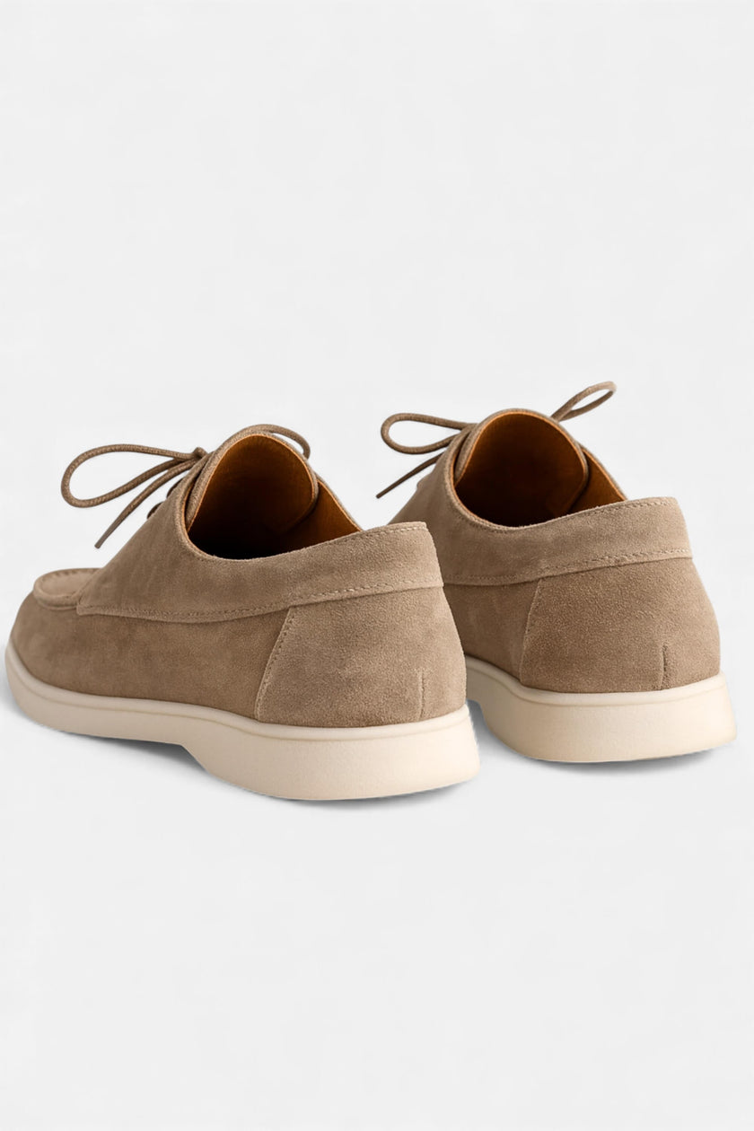 FJØRNA men's suede boat loafers with moc toe and lace detail, stylish slip-on shoes for casual or smart occasions.