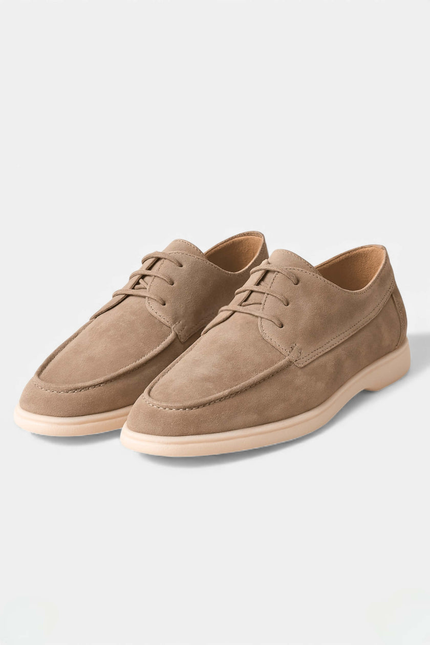 FJØRNA men's suede finish boat loafers with moc toe and lace detail, stylish slip-on shoes for casual or smart looks.