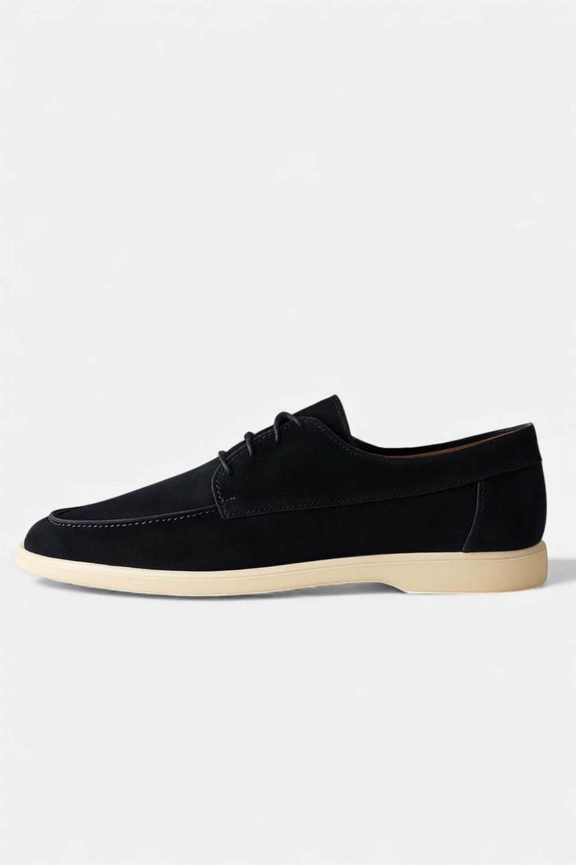 FJØRNA men's suede boat loafers with moc toe and lace detail, stylish casual shoes for men.