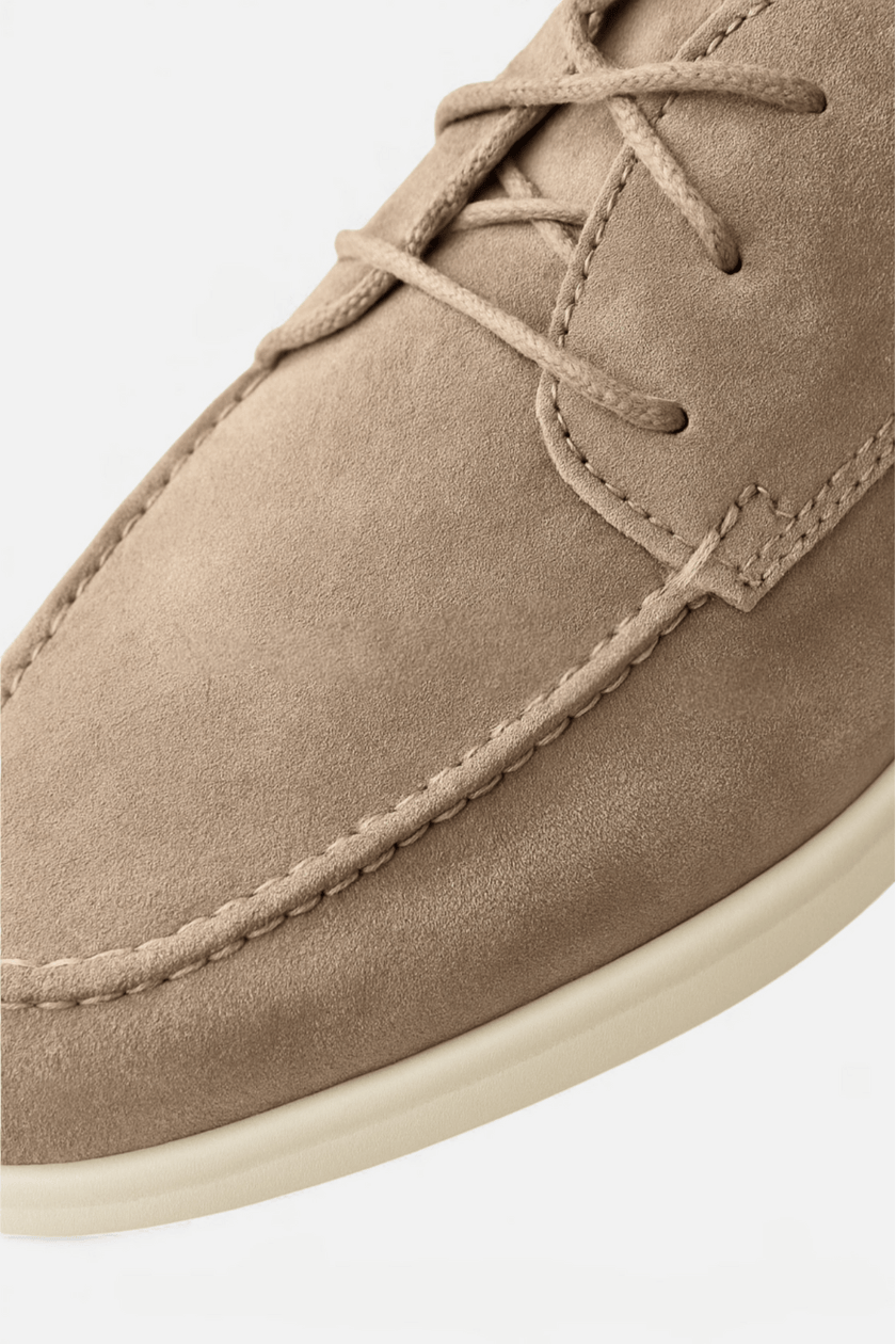 FJØRNA men's suede loafers with moc toe design and lace detail, stylish boat shoes for men, shown in natural suede finish.