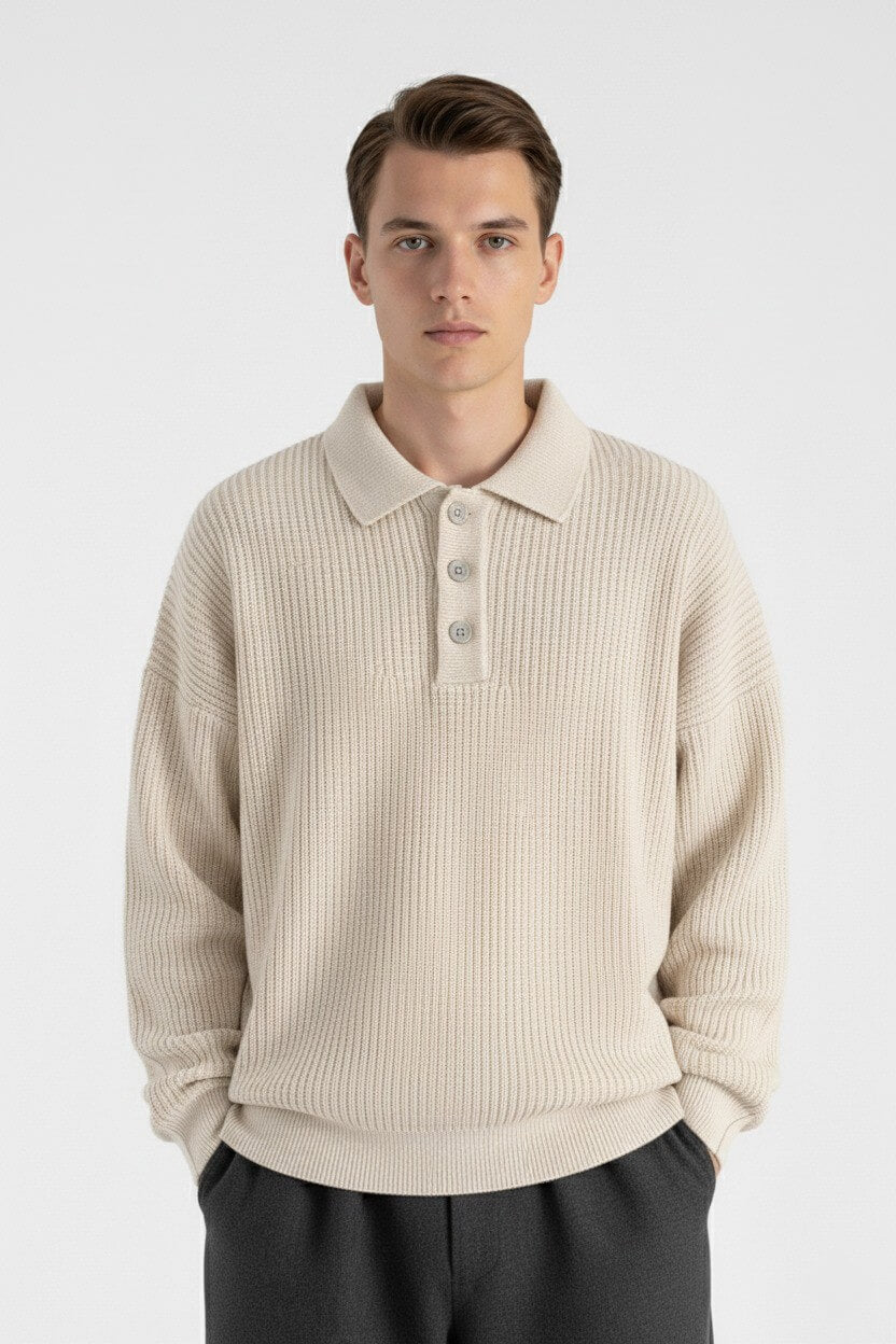 Men's Knitted Jumper – Relaxed Fit with Polo Collar - 10