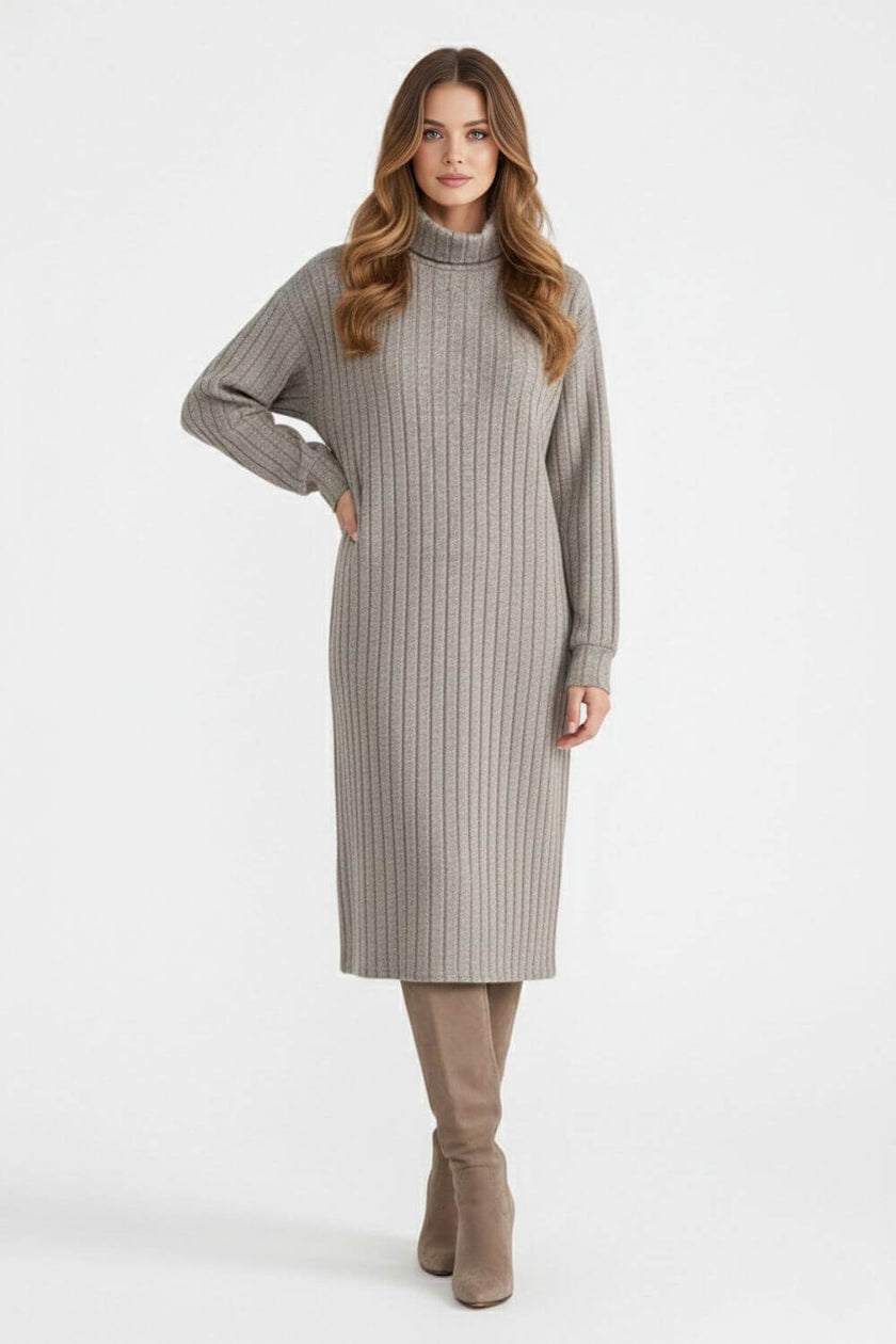 Women's Cozy Roll-Neck Sweater Dress – Elegant Knit in Multiple Tones - 3