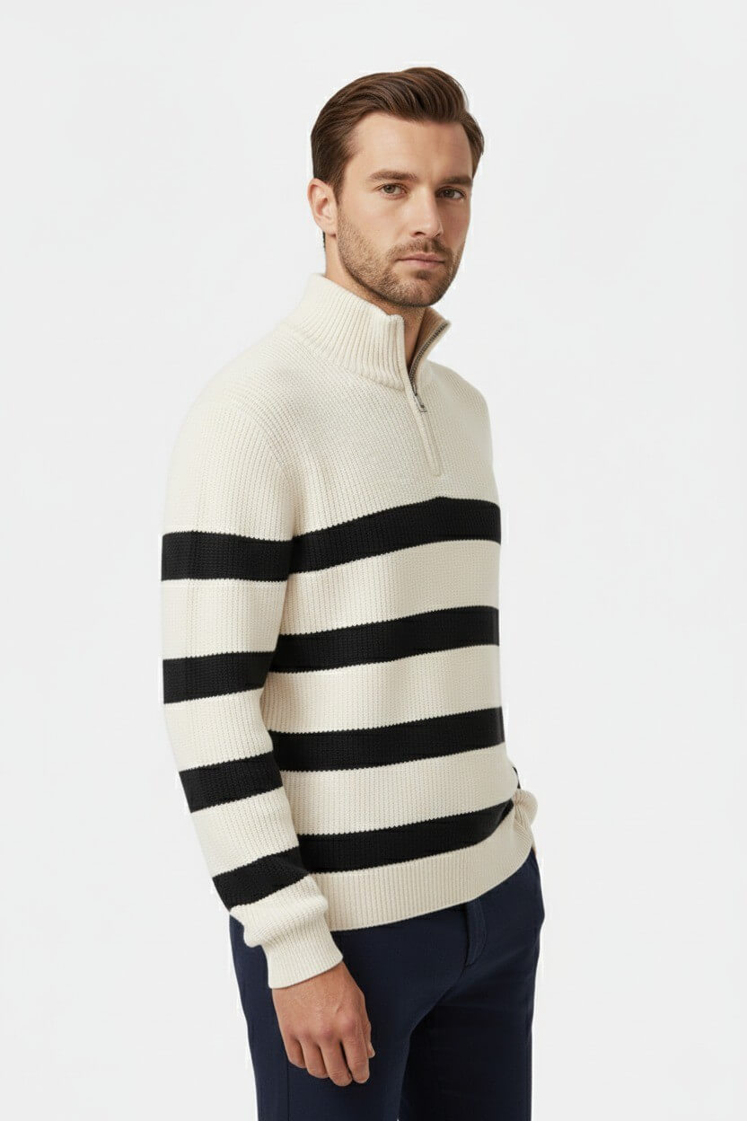 Men's Striped Half Zip Sweatshirt – Classic Knit Jumper in Viscose Blend - 3