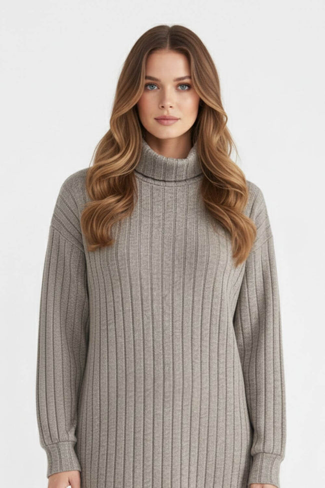 Women's Cozy Roll-Neck Sweater Dress – Elegant Knit in Multiple Tones - 1