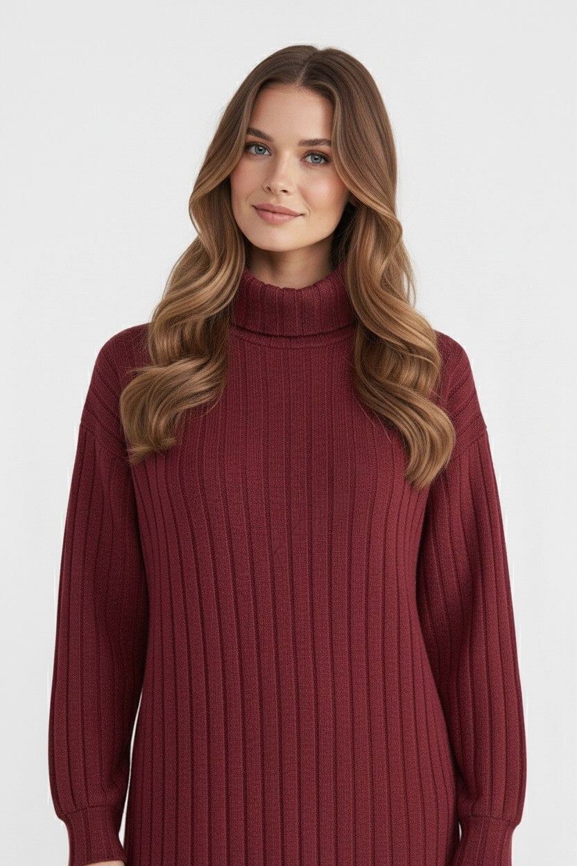 Women's Cozy Roll-Neck Sweater Dress – Elegant Knit in Multiple Tones - 7