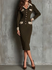Vintage Olive Button Front Contrast-Trim Knit Midi Dress With Pockets