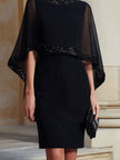 FJØRNA Mbellished Cape-Sleeve Sheath Midi Dress for women, elegant black dress with cape sleeves and fitted silhouette.