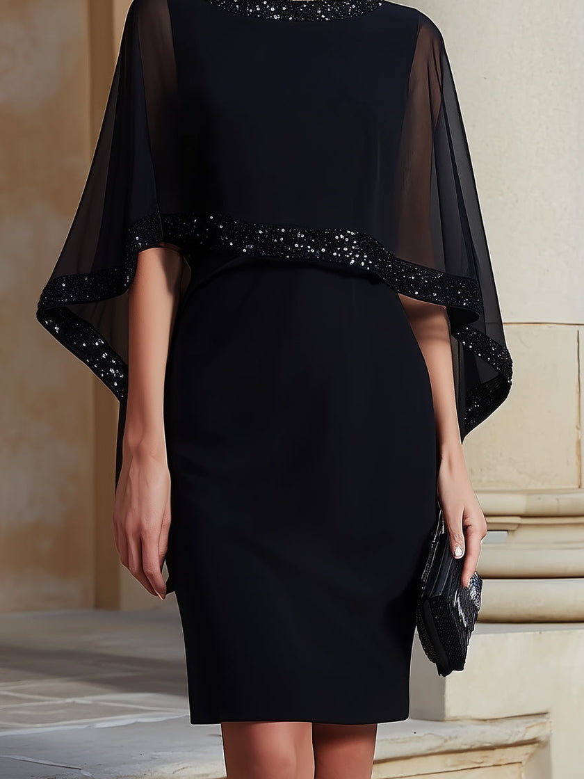FJØRNA Mbellished Cape-Sleeve Sheath Midi Dress for women, elegant black dress with cape sleeves and fitted silhouette.