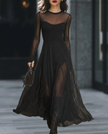 FJØRNA sheer-sleeve high-neck A-line midi dress for women, featuring a flowy silhouette and elegant design.