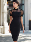 FJØRNA lace puff-sleeve sheath midi dress with intricate lace details and a fitted silhouette, perfect for elegant occasions.