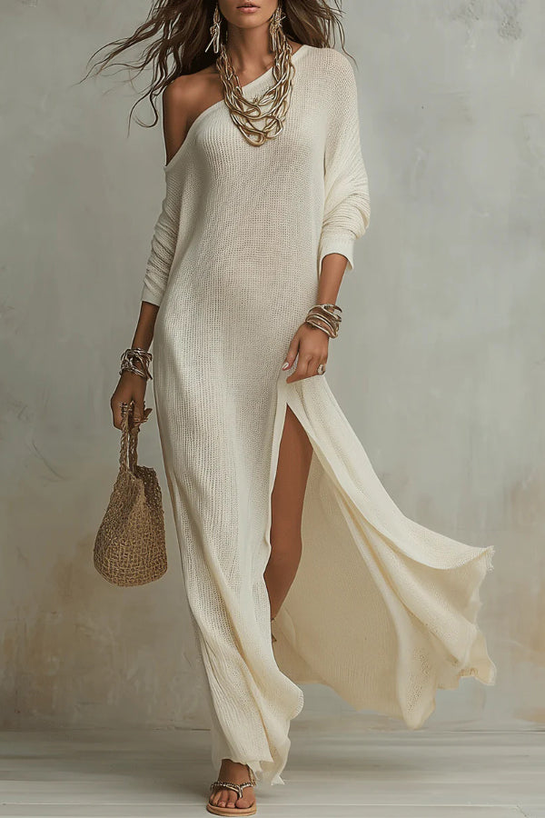 FJØRNA solid color long sleeve maxi dress with slant collar, flowing design, and elegant silhouette for women.