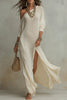 FJØRNA solid color long sleeve maxi dress with slant collar, flowing design, and elegant silhouette for women.