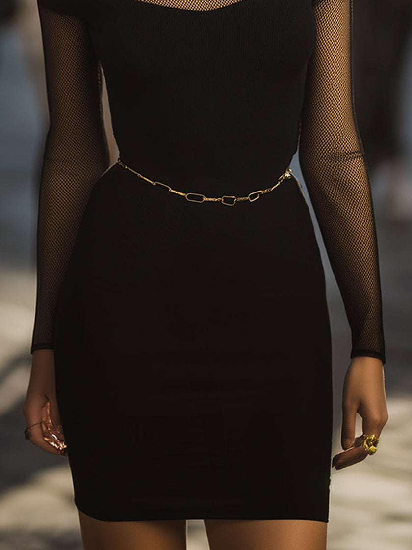 FJØRNA elegant mesh-panel cutout bodycon dress for women, fitted design with stylish mesh details and a sleek silhouette.