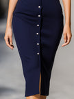 FJØRNA elegant short-sleeve button-front midi dress with belt, stylish women's dress featuring a fitted waist and classic design.