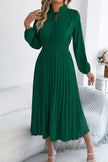 FJØRNA solid color long-sleeved fitted waist pleated midi dress displayed on a hanger, showcasing its elegant design and fabric details.
