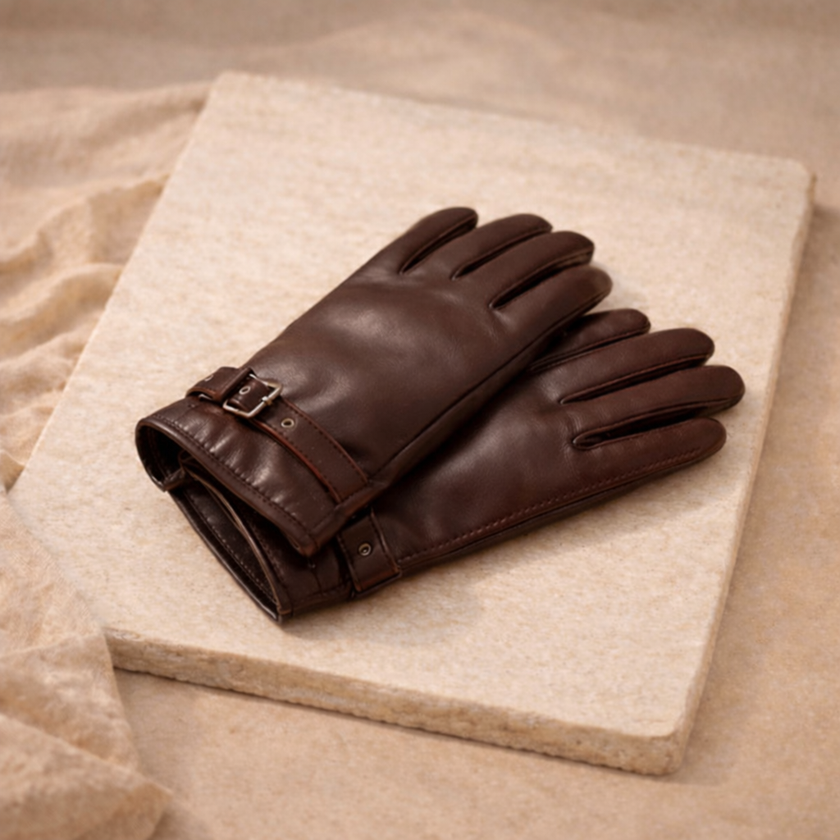 FJØRNA men's sheepskin leather gloves showing soft, brown sheepskin exterior with detailed stitching and snug fit design.