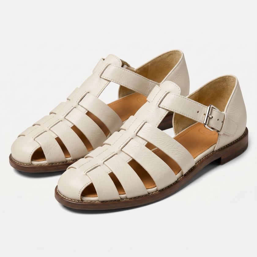 Men's leather closed toe fisherman sandals by FJØRNA, featuring sturdy straps and comfortable design, perfect for casual wear.