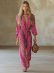 Rose red leopard print chiffon jumpsuit with long sleeves by FJØRNA, featuring a flowy design and stylish pattern.