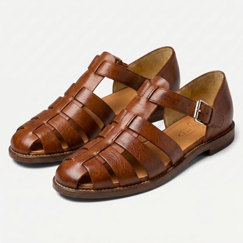 Men's leather closed toe fisherman sandals by FJØRNA, featuring durable straps and sturdy sole for casual summer wear.