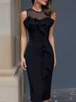 FJØRNA sheer neckline ruffle-trim sculpted midi dress with fitted silhouette and elegant design, shown on a model.