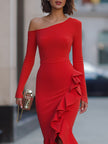 FJØRNA red one-shoulder long-sleeve mermaid midi dress showcasing fitted silhouette and elegant design.