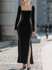 Velvet long-sleeve square-neck gown with rhinestone trim by FJØRNA, elegant women's dress with a fitted silhouette.