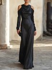 FJØRNA off-shoulder long evening gown with draped bodice and long sleeves, elegant maxi dress for formal occasions.