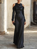 FJØRNA off-shoulder long evening gown with draped bodice and long sleeves, elegant maxi dress for formal occasions.
