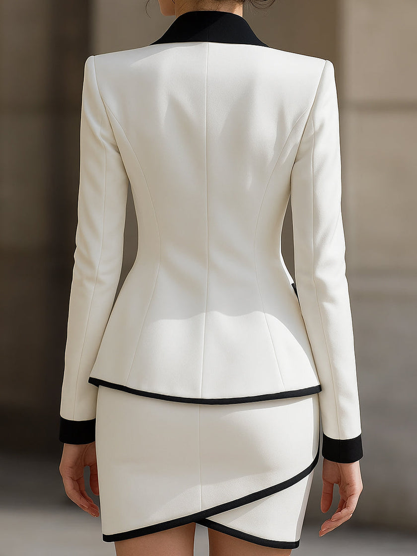FJØRNA contrast trim tuxedo blazer and skirt set, elegant party dress with tailored fit and stylish design, perfect for formal occasions