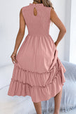 FJØRNA solid color sleeveless patchwork midi dress with tucked design, casual style, and relaxed fit.
