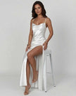 FJØRNA satin maxi dress for women with high slit, celadon color, luxe satin finish, and elegant asymmetrical design.
