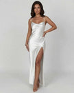 Celadon satin maxi dress for women by FJØRNA featuring a high slit, asymmetrical design, and elegant, luxe satin finish.