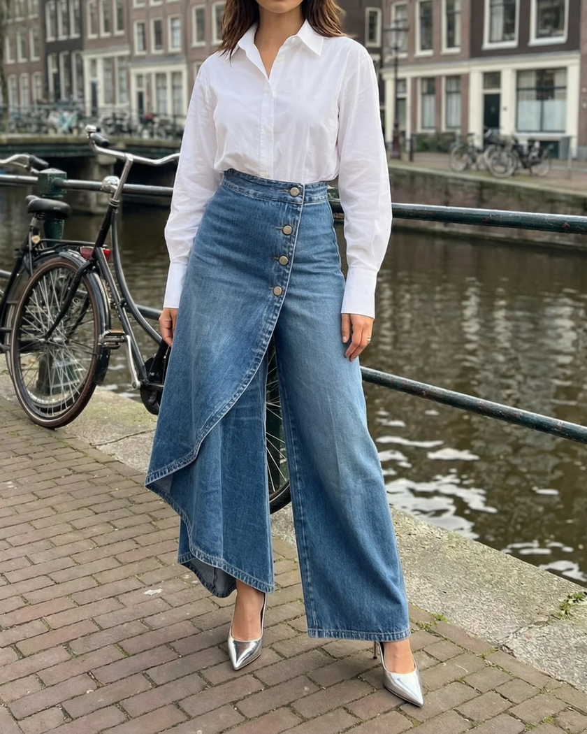 FJØRNA lightweight high-waisted summer trousers for women with wide-leg wrap design and soft fabric in a stylish look.