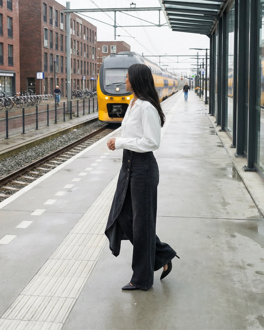 Lightweight high-waisted wide-leg wrap trousers for women by FJØRNA, featuring a relaxed fit and sleek summer style.