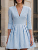 Elegant powder blue pleated fit-and-flare dress by FJØRNA, featuring a flattering silhouette and stylish design for women.