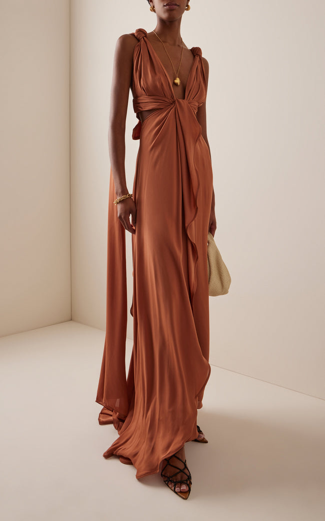 FJØRNA Ocean Mysteries draped maxi dress featuring flowing fabric and ocean-inspired pattern, perfect for elegant summer wear.
