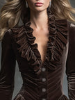 FJØRNA Cocoa Brown Velvet V-Neck Ruffled Long Sleeve Blouse displayed on a hanger, featuring a soft velvet fabric and ruffled cuffs.