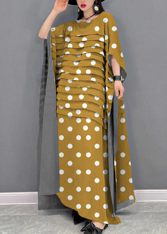 FJØRNA Grace Green O-Neck Striped Chiffon Maxi Dress with batwing sleeves, ankle length and flowing silhouette.