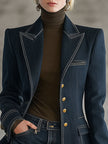 FJØRNA navy denim jacket for women with topstitch detailing, casual jacket in classic denim style, front view.