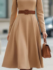 FJØRNA elegant camel turtleneck belted midi dress, stylish long-sleeve dress with a waist belt and classic silhouette.