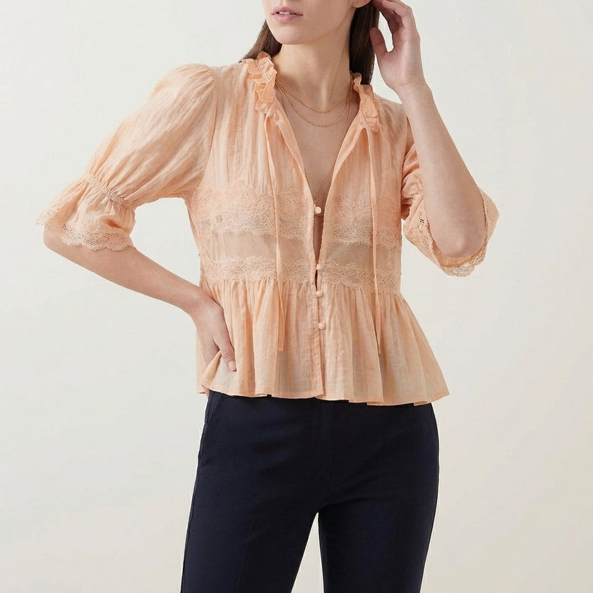 FJØRNA women's champagne summer blouse with V-neck, puff sleeves, and lace details, stylish and lightweight top for warm weather.