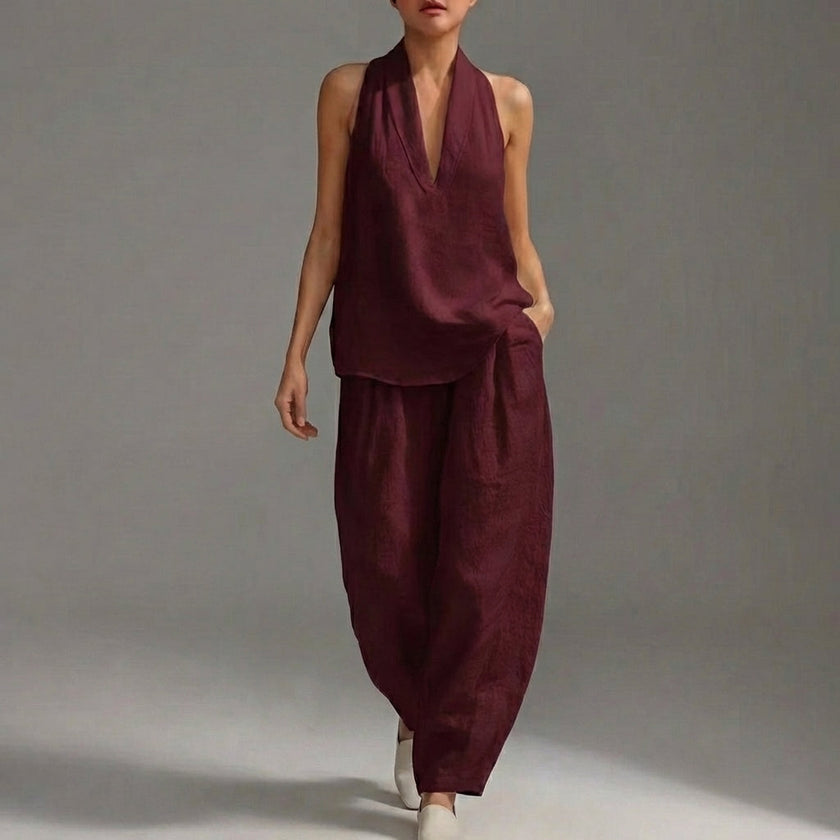 FJØRNA lightweight two-piece halter V-neck suit with claret wide-leg trousers, perfect for stylish summer wear.
