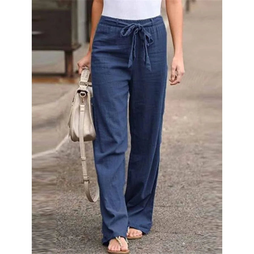 FJØRNA women's lightweight summer trousers with wide leg and drawstring, made of breathable fabric for comfortable wear.