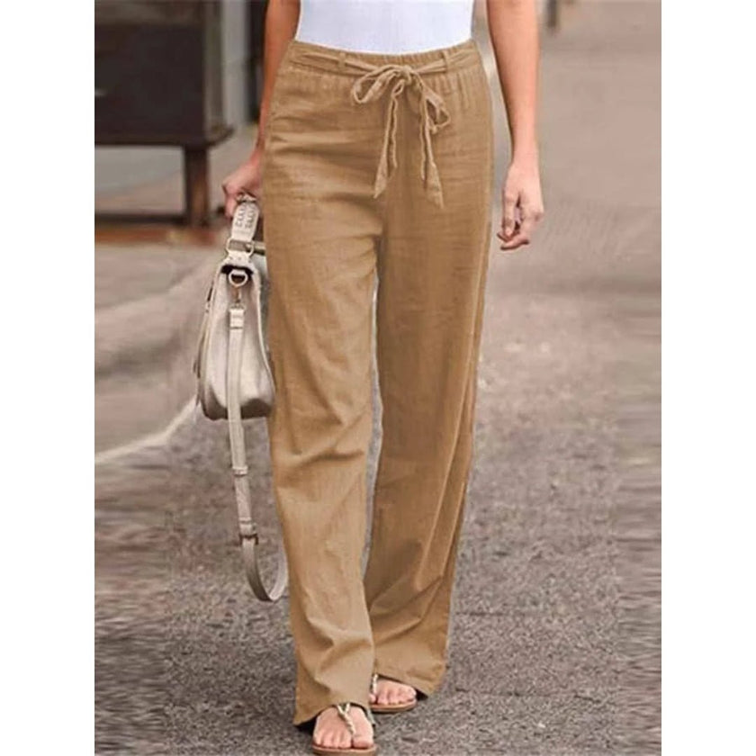 Women's lightweight summer trousers by FJØRNA featuring wide-leg fit, drawstring waist, and breathable fabric.