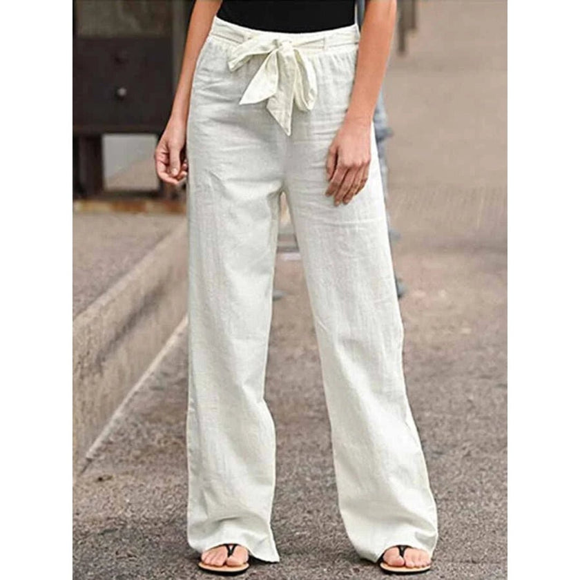 Lightweight FJØRNA women's summer wide-leg drawstring pants with breathable fabric and relaxed fit, shown in natural beige.