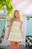 FJØRNA Catalina Mini Palm Lattice Lime outdoor lounge chair with lime-green woven fabric and sleek metal frame.